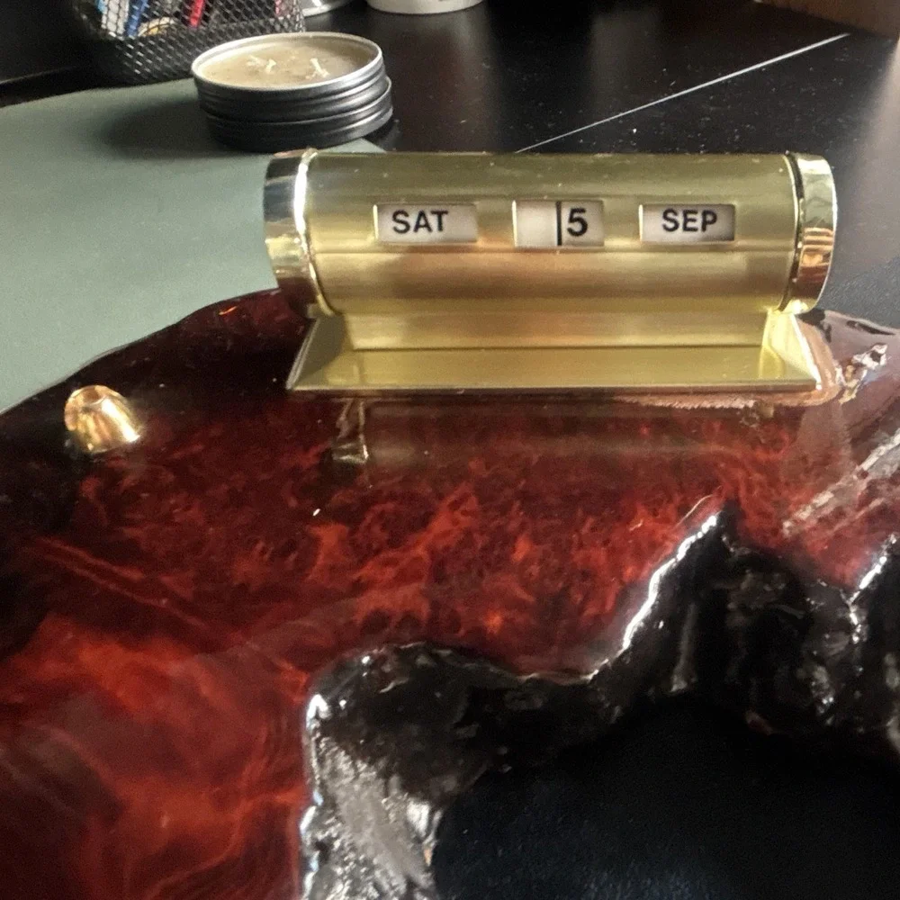 Vintage MCM Redwood Burl Wood Desk Organizer Pen Holder Perpetual Calendar 1970